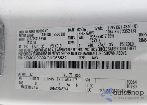 2016 Ford Escape Se from USA, damaged, VIN 1FMCU9G9XGUC68532